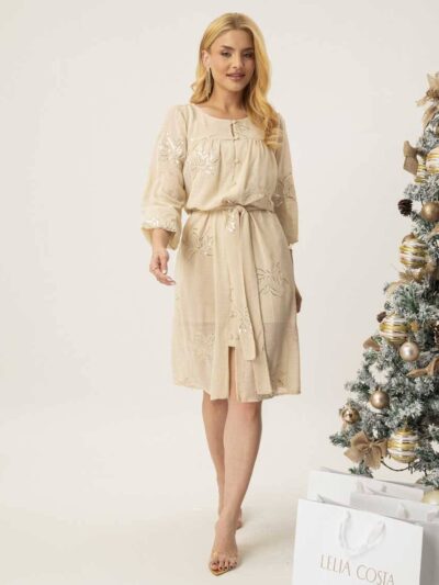 Vestido Chloe Bege Bordado com Paetês