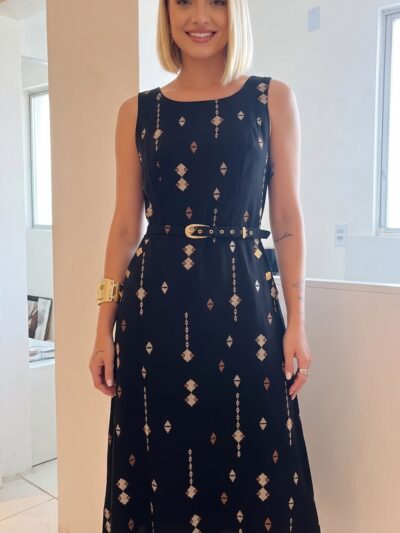 Vestido LC Stela Bordado em Linho Preto
